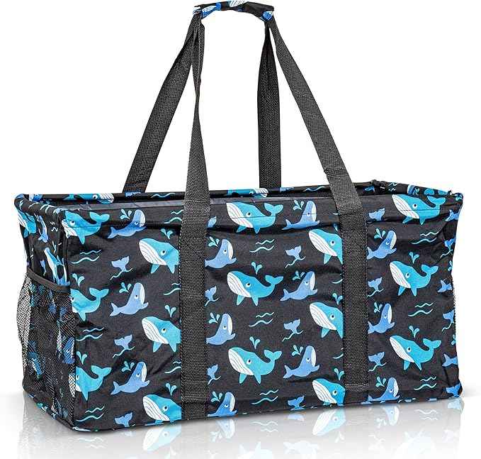 Extra Large Utility Tote Bag - Oversized Collapsible Reusable Wire Frame Rectangular Canvas Basket With Two Exterior Pockets For Beach, Pool, Laundry, Car Trunk, Storage - Whale