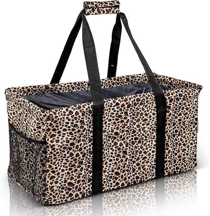 Extra Large Utility Tote Bag - Oversized Collapsible Reusable Wire Frame Rectangular Canvas Basket With Two Exterior Pockets For Beach, Pool, Laundry, Car Trunk, Storage - Leopard