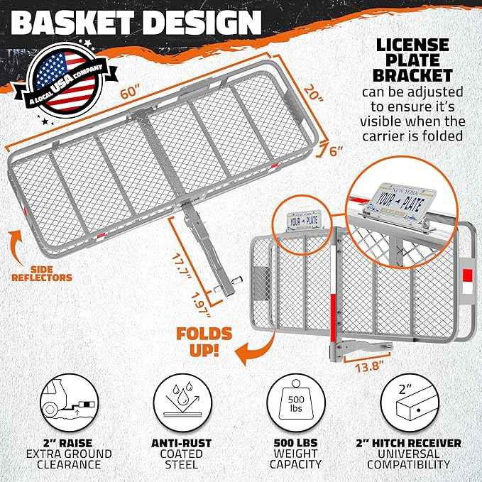 Mockins 60"x20"x6" Gray Heavy Duty Trailer Hitch Cargo Carrier & 16 CuFt Waterproof Cargo Bag for Hitch Carrier | 500 Lbs. Capacity Folding Luggage Rack for SUV Car Truck Van & RV w/Cargo Accessories