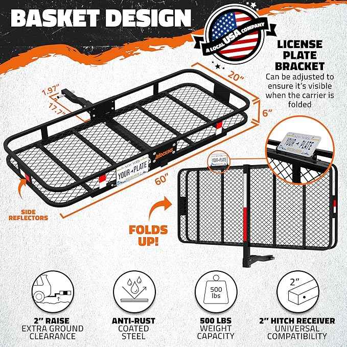 Mockins 60"x20"x6" Folding Luggage Rack for Car Hitch & 20 Cu Ft Waterproof Cargo Bag | 500 lbs Cap Steel Trailer Hitch Cargo Carrier for 2" Receivers w/License Plate Holder, Stabilizer, Net & Straps