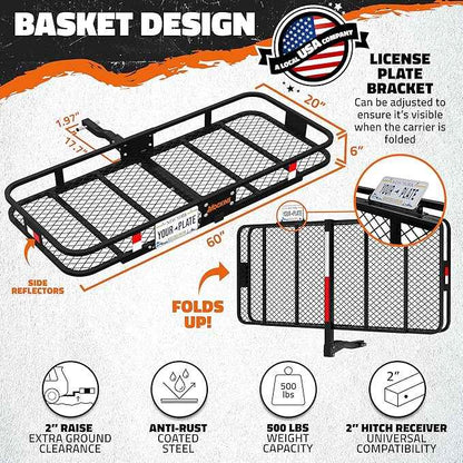 Mockins 60"x20"x6" Folding Luggage Rack for Car Hitch & 20 Cu Ft Waterproof Cargo Bag | 500 lbs Cap Steel Trailer Hitch Cargo Carrier for 2" Receivers w/License Plate Holder, Stabilizer, Net & Straps