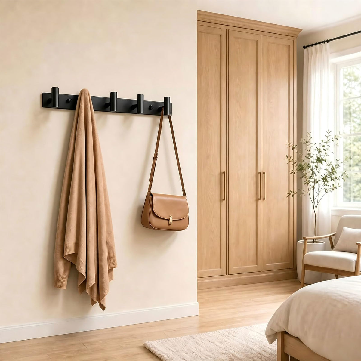 Coat Rack Wall Mounted with 5 Hooks ("T" Shape 5 Hooks - 2 Pack / Black)