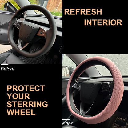 Nappa Leather Steering Wheel Cover for Tesla Model Y (04.Pink / Small D Shaped/Flat Bottom[14''-14 1/4''])
