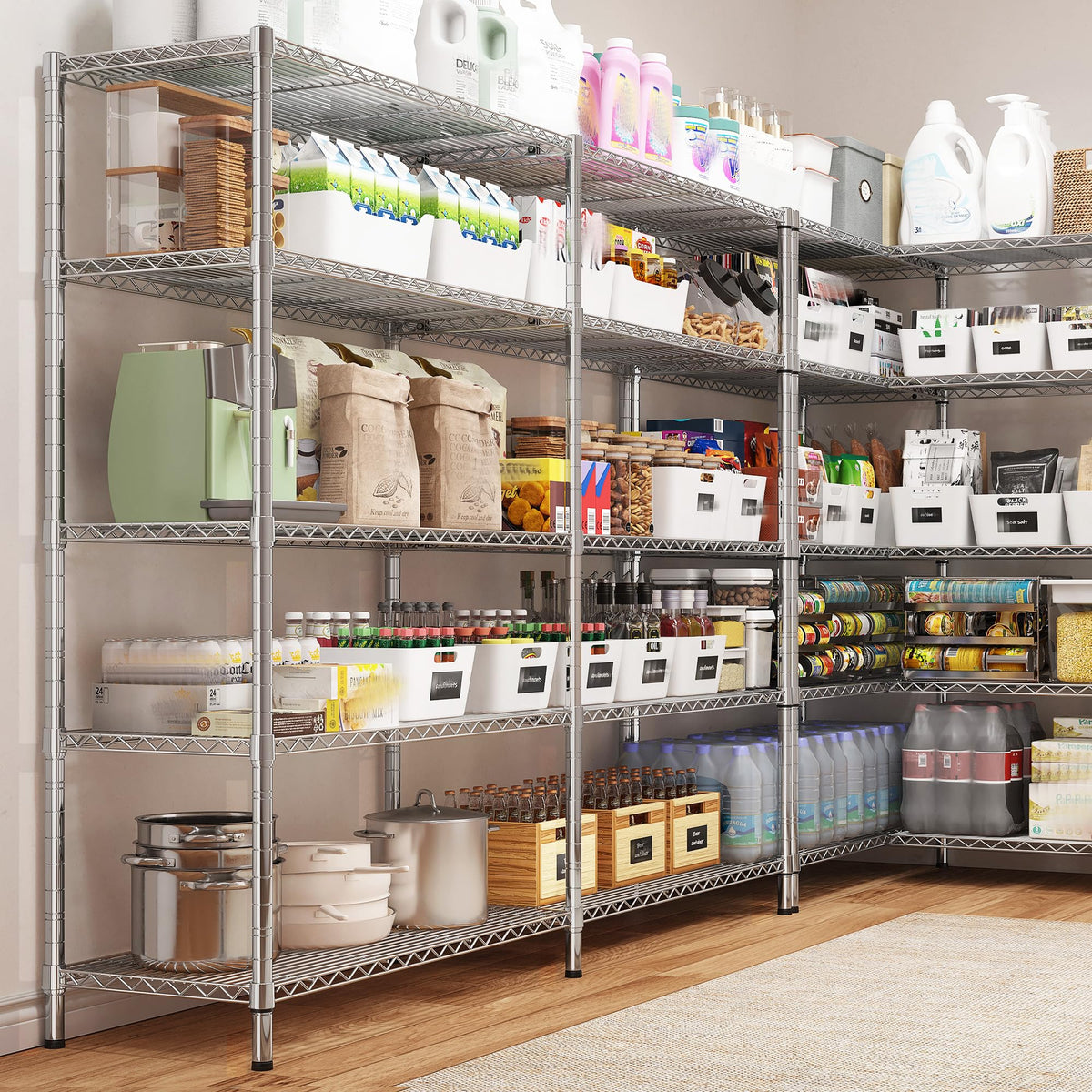 58" W Storage Shelves Wire Shelving 1400LB Metal Shelves for 5 Tier Shelving Unit with Shelf Adjustable Garage Shelving Rack for Pantry Kitchen Garage (Chrome-13.8"D x 58"W x 59"H-5 Tier)