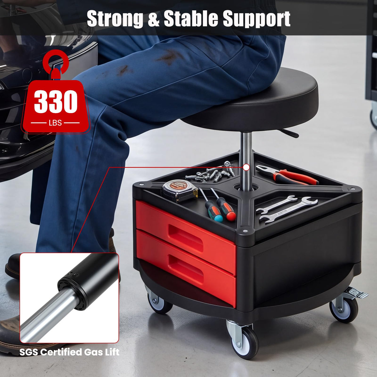 Rolling Mechanic Stool with Padded Seat (Red / Bottom Tool Chest)