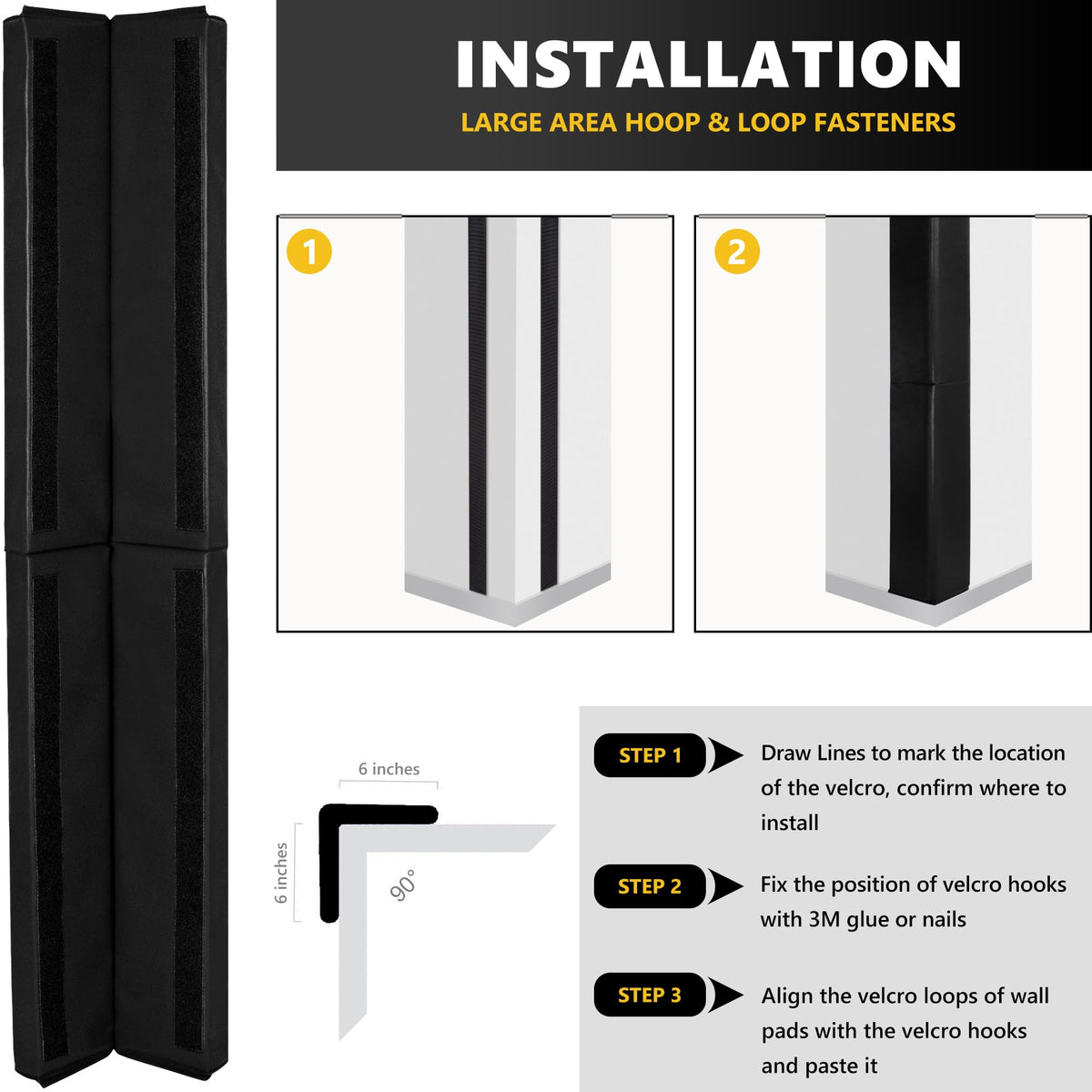 Wall Corner Guards & Edge Protector (5FT TALL 6in SIDES / Black)