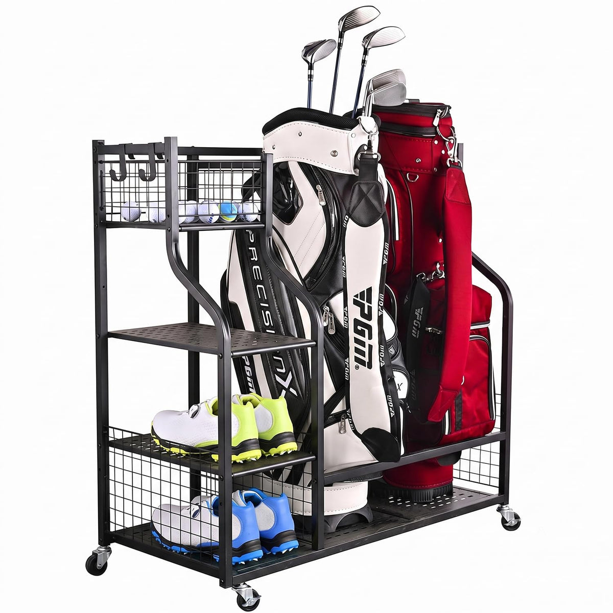 2 Golf Bags Rack Garage Storage Organizer Metal Black Storage Stand (Black(For 2 Golf Bags))
