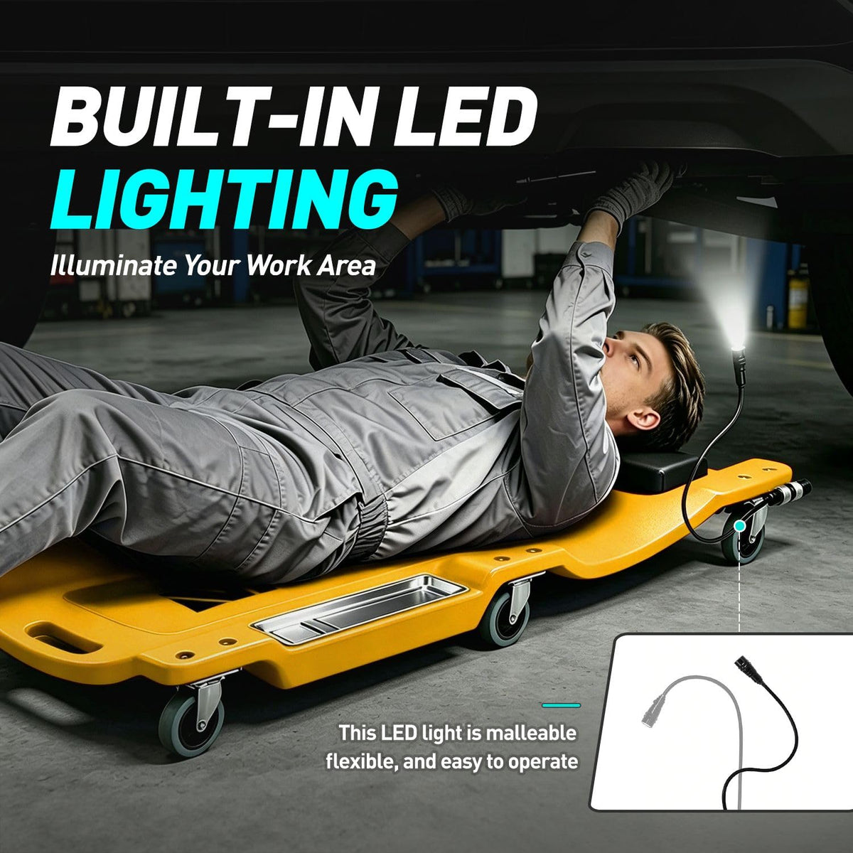 40 Inch Low Profile Plastic Rolling Garage Shop Floor Creeper with LED Light (40"-Yellow / Yellow)
