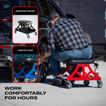 Vyper Low Pro Garage Stool with Removable Seat for Mechanics (Black Seat, Red Frame)
