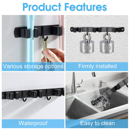 Heavy Duty Stainless Steel Broom Holder (3 Racks and 2 Hooks)