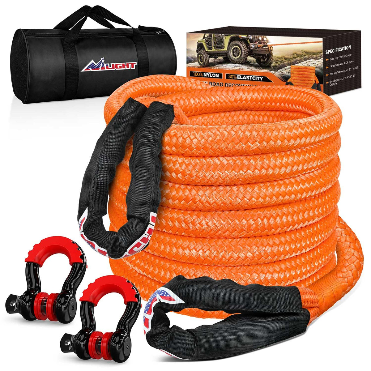 Kinetic Recovery Rope Kit with D (1Pc 1in x 30ft Kinetic Recovery Rope + 2Pcs Anti-Theft D-Ring Shackles)