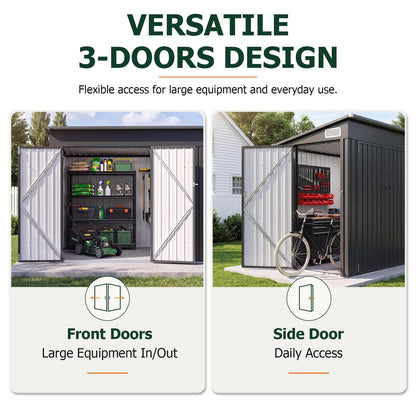 8'x4' Outdoor Storage Shed with Triple Door Lean to Metal Sheds Weatherproof UtilityGalvanized Steel Sheds (Black / 4'x8')