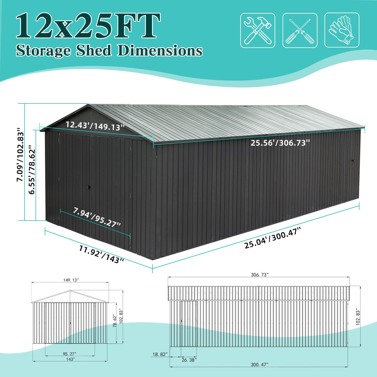 Domi 12x25FT Outdoor Metal Garage Shed (12'X25')