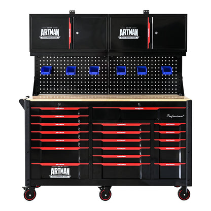 64 Inch Garage Storage System with Workbench & Pegboard (Universal / Complete Set - Tool Cart + Wall Cabinet Combo)