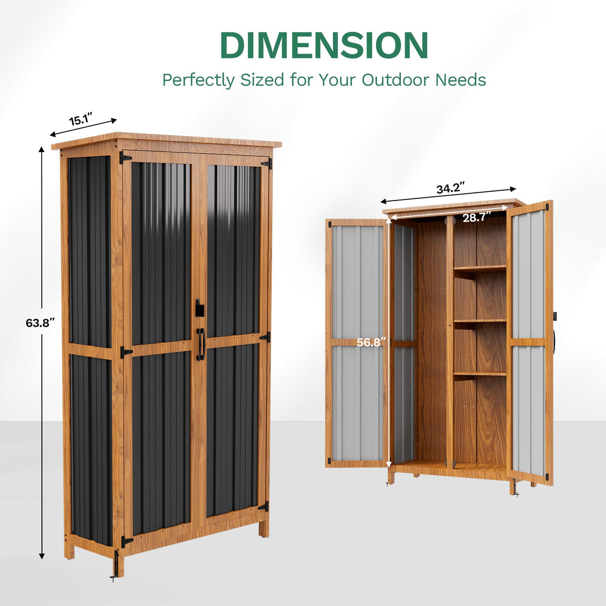 Metal & Wood Weatherproof Garden Storage Tall Shed with 3 Adjustable Shelves (Black / 34.1''x15.1''x63.8'')