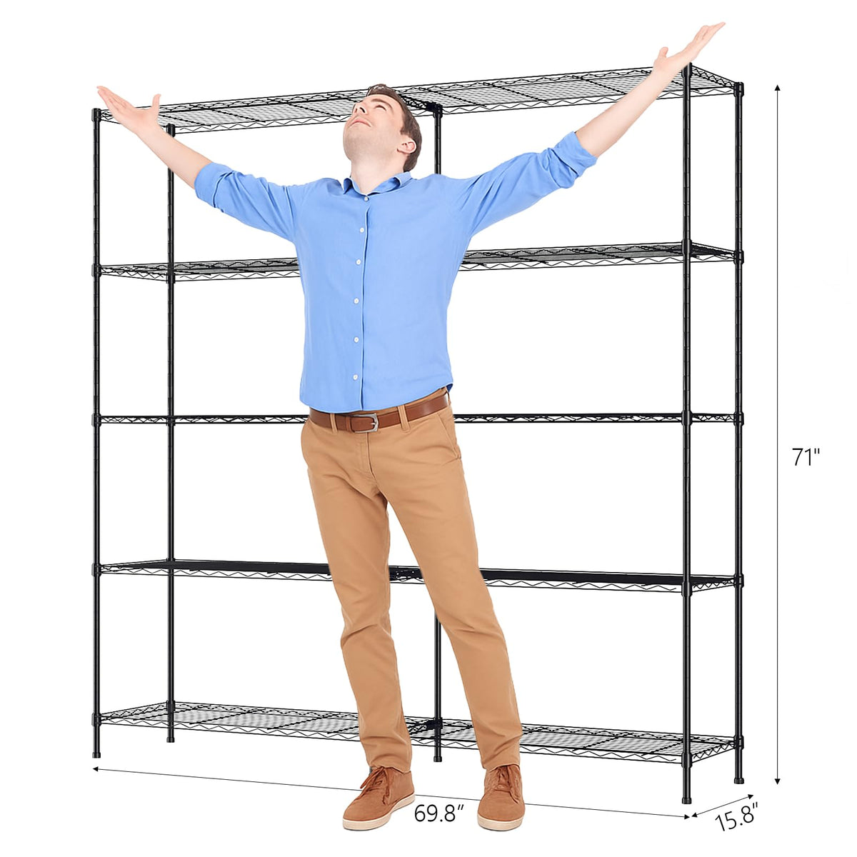 70" W Storage Shelves 1600LBS Heavy Duty Metal Shelving (Black / 69.8"W × 15.8"D × 71"H)