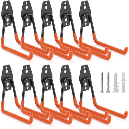 10 Pack Garage Hooks Heavy Duty Storage Organizer Wall Mount Power and Garden Tool Hangers (Medium U Hook / Orange 10 pack)