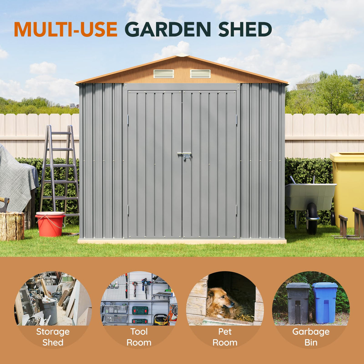 8x10FT Metal Shed & Outdoor Storage Shed with Lockable Doors (Matte gray / 8*10FT(Base Not Included))