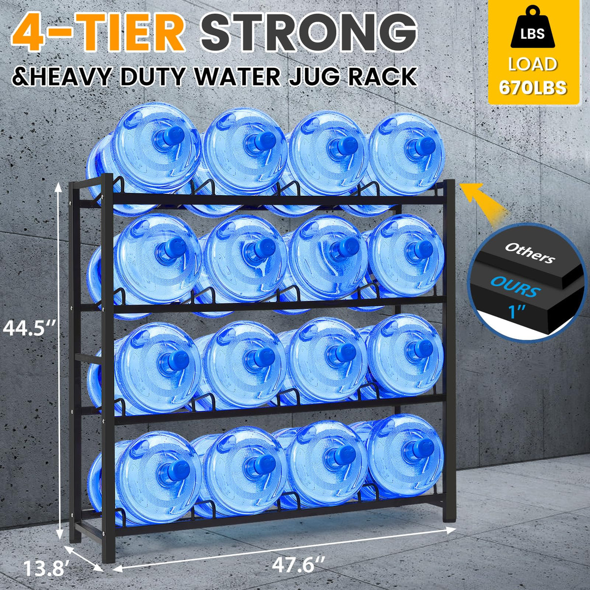 4 Tier Water Jug Rack Holds 16 Bottles (Black / 16-slots)