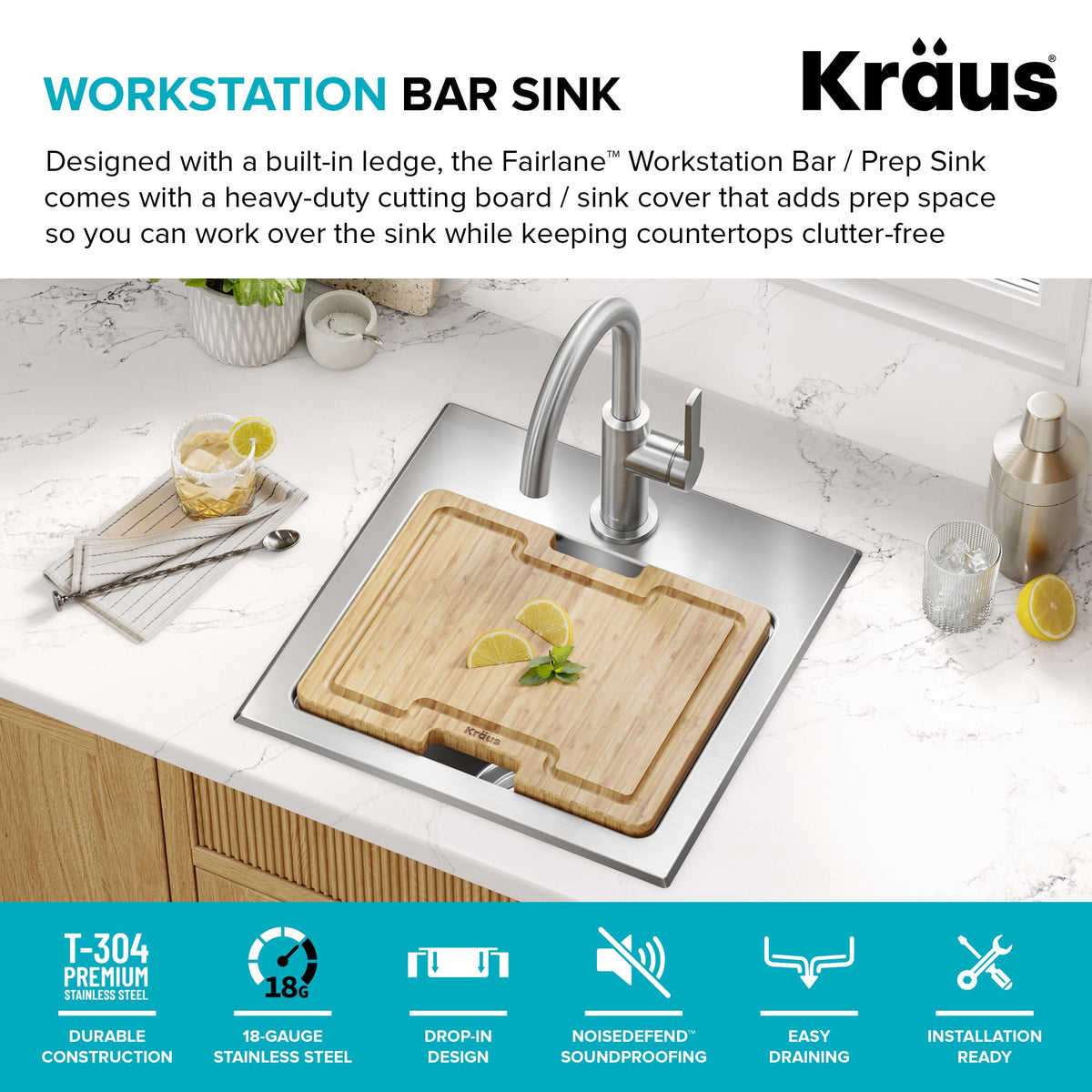Fairlane 15 in Drop In (15 Inch / Single Bowl Workstation — Drop In)