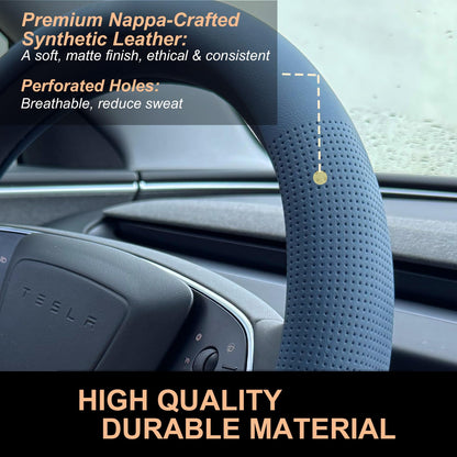 Nappa Leather Steering Wheel Cover for Tesla Model Y (03.Smoky Blue / Small D Shaped/Flat Bottom[14''-14 1/4''])