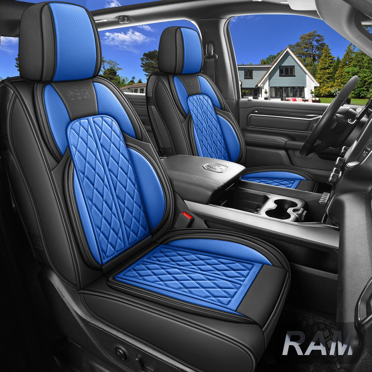 Car Seat Cover Custom Fit for Dodge Ram 1500 2500 3500 2009 (Black & Blue / Full Set (Flat Rear))