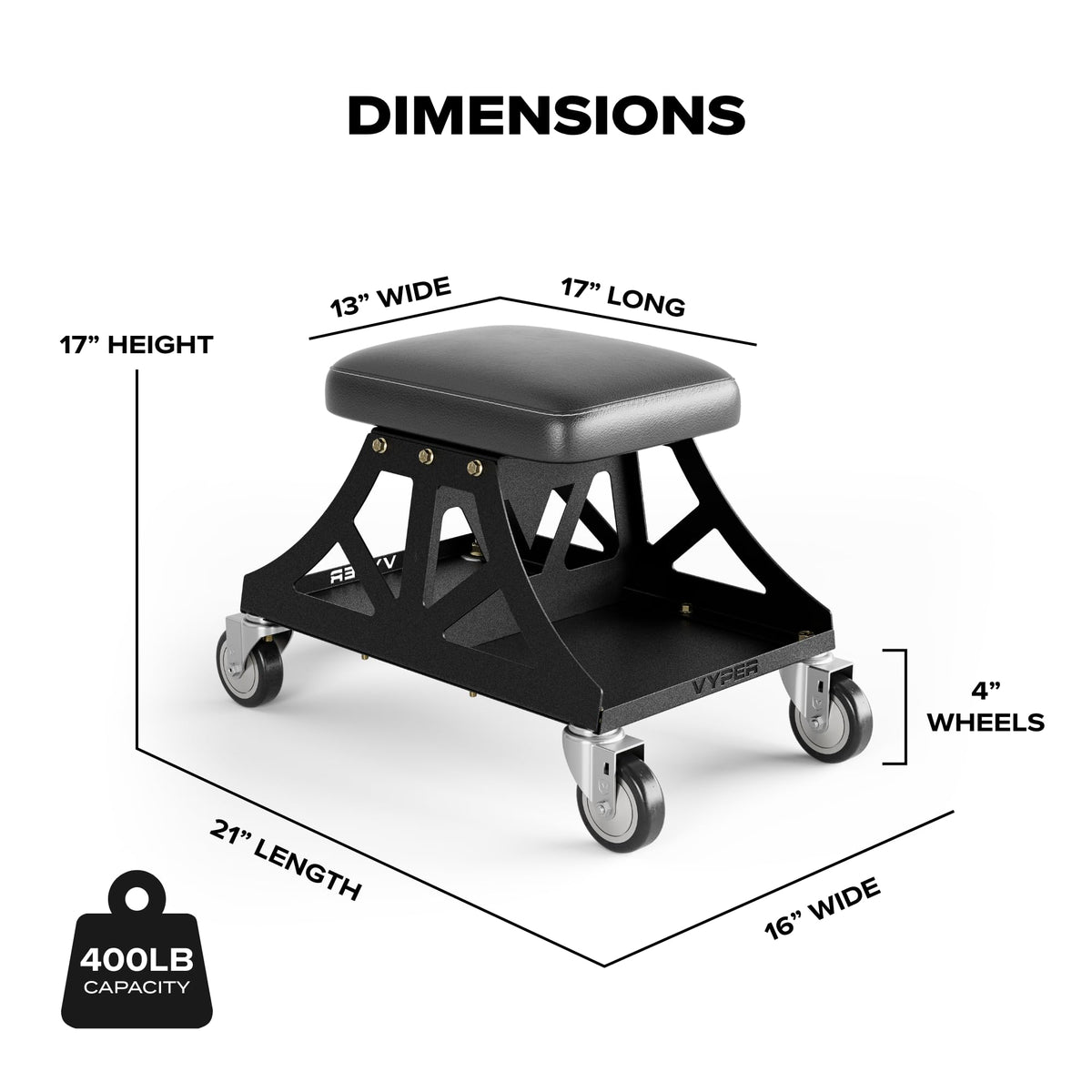 Vyper Low Pro Garage Stool with Removable Seat for Mechanics (Black Seat, Black Frame)