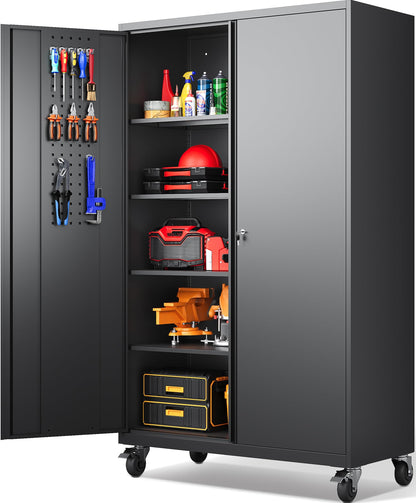 Wide & Deep Metal Storage Cabinet with Wheels (Black / 71"H x 43.3"W x 20"D)