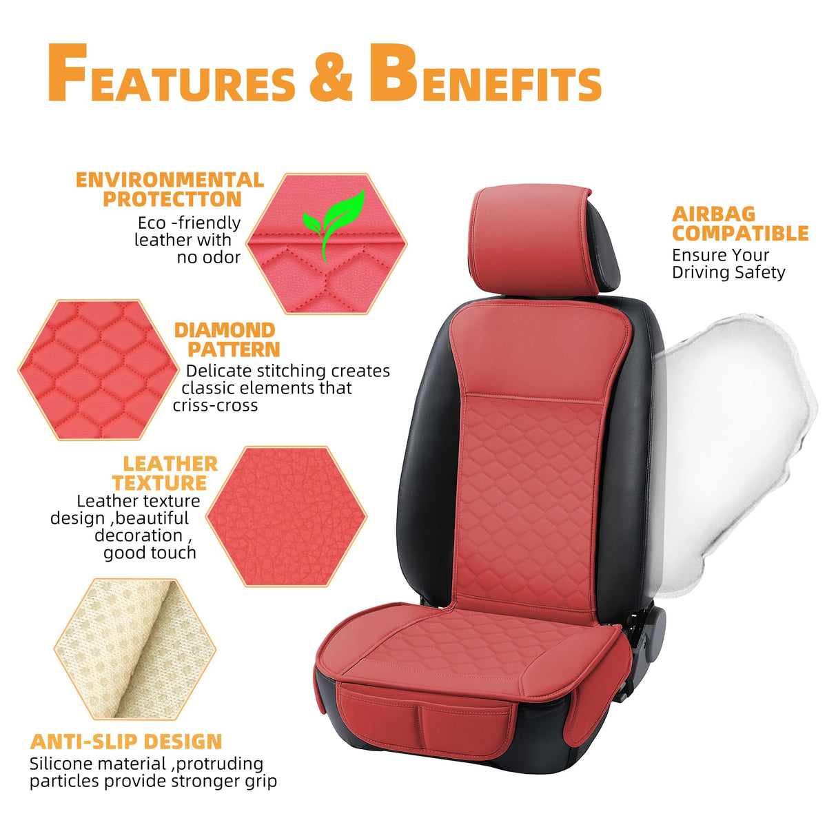 Car Seat Cover Full Set Leather Waterproof Front Rear Red (Red)