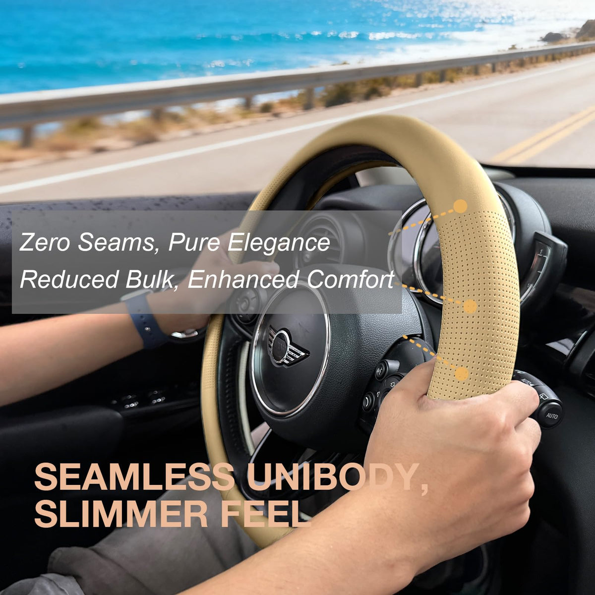 Large Size Nappa Leather Steering Wheel Cover 15.75In (07.Light Taupe / Large Size[15 1/2''-15 3/4''])