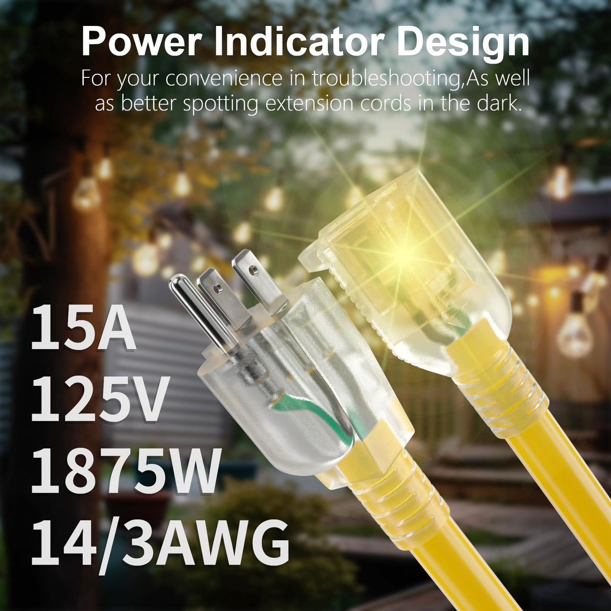 14 Gauge Heavy Duty Outdoor Extension Cord 15 FT Waterproof (15 FT / 14/3 Gauge Lighted / Yellow)