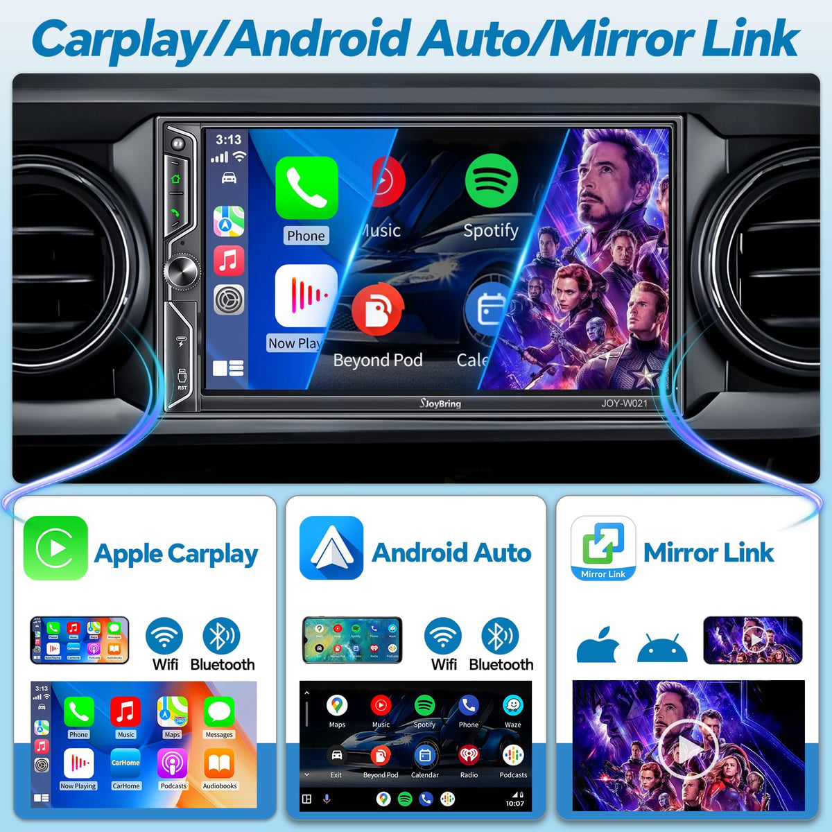 7" QLED Double Din Car Stereo Compatible with Wireless Apple CarPlay & Android Auto (Black W021)