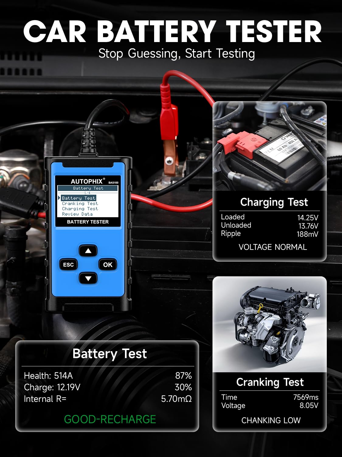BAS100 12V 24V Car Battery Tester (Sky Blue)