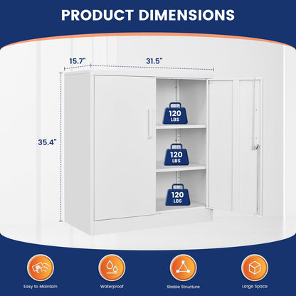 Metal Garage Storage Cabinet with 2 Doors and 2 Adjustable Shelves (White / 2 Door - 35.5"H)