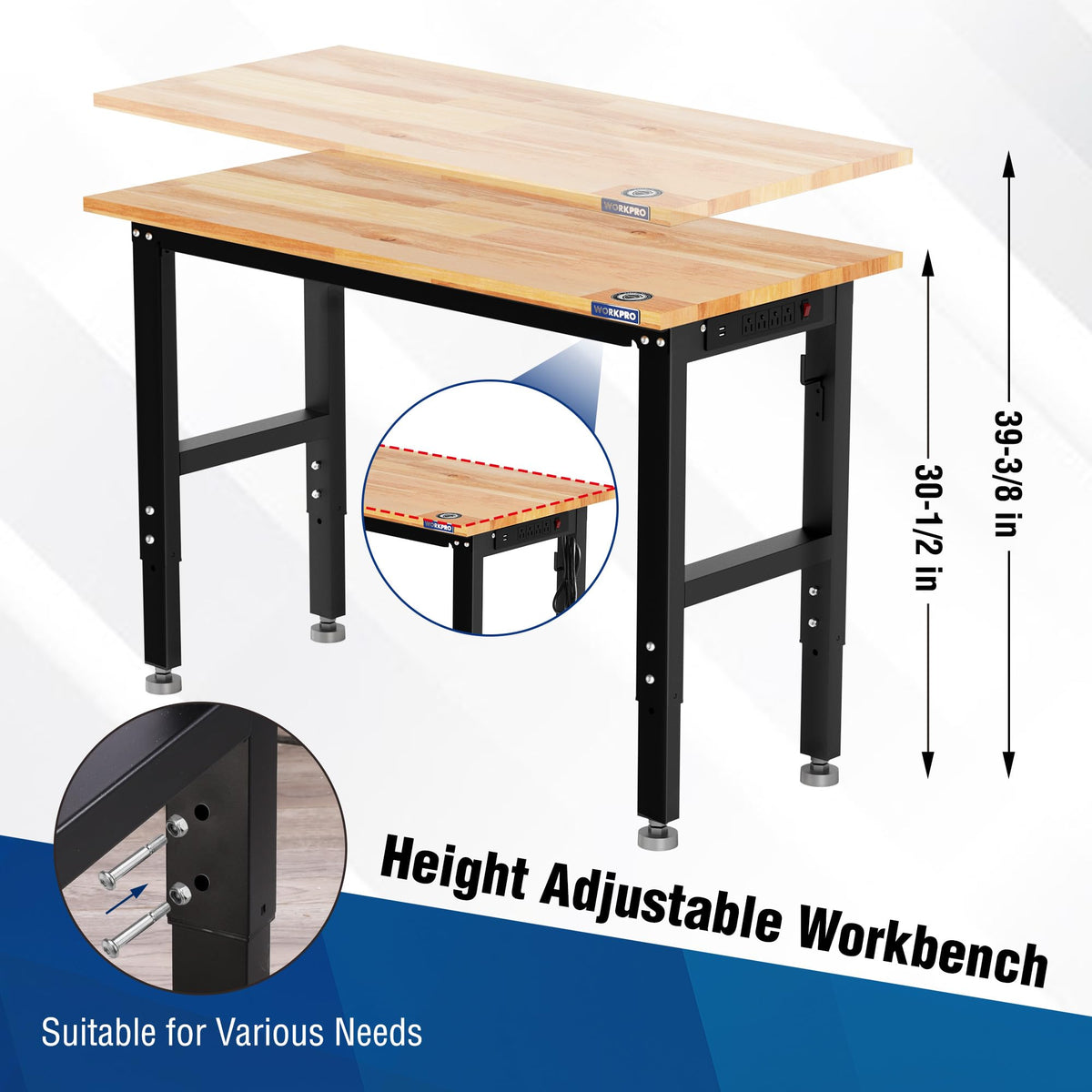 48" Adjustable Workbench with Wheels and Leveling Foot
