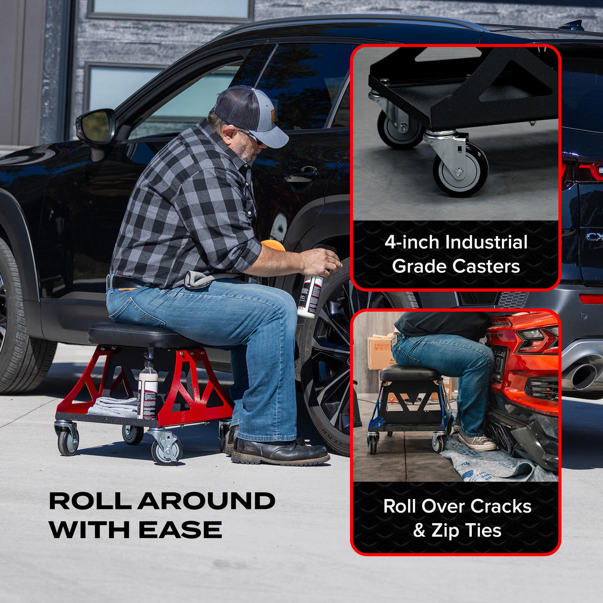 Vyper Low Pro Garage Stool with Removable Seat for Mechanics (Black Seat, Red Frame)