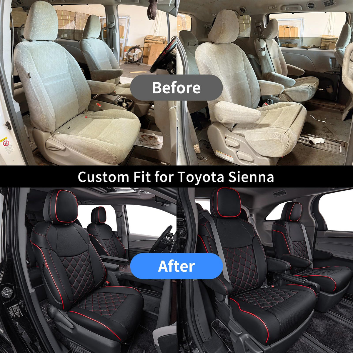 Car Sienna Seat Covers 2011 (Black with Red Piping / 2011-2020 Sienna 7 Seats,2nd Row W/NO Legrest)