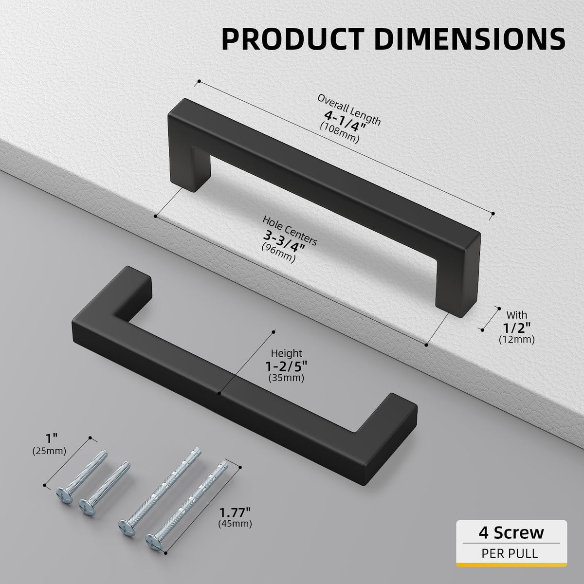 15 Pack 3-3/4 Inch Black Cabinet Handles Kitchen Drawer Pulls (Matte Black / 3-3/4 Inch Hole Centers)