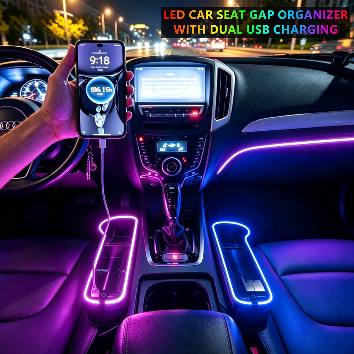 LED Car Seat Gap Organizer with 56W Charger