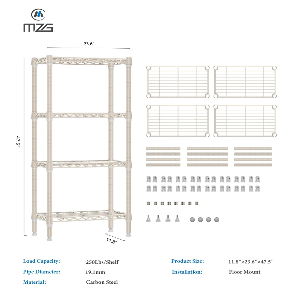 1000 lbs 4 Shelf Standing Storage Shelves Heavy Duty Metal Shelving Unit Adjustable Wire Rack for Office Garage Kitchen (4 Tier, 11.8" D x 23.6" W x 47.5" H / Light Tan)