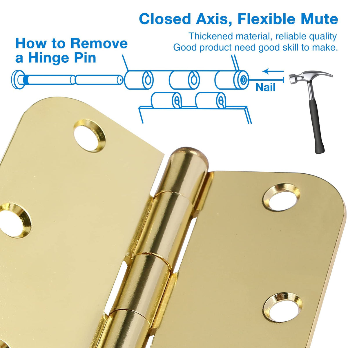 Rounded Door Hinges 3.5" X 3 1 (Polished Brass-Rounded / 3 Pack-no squeak)