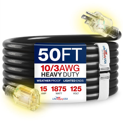 50ft Outdoor Indoor Extension Cord 10 (50 FT / 10AWG / Black)