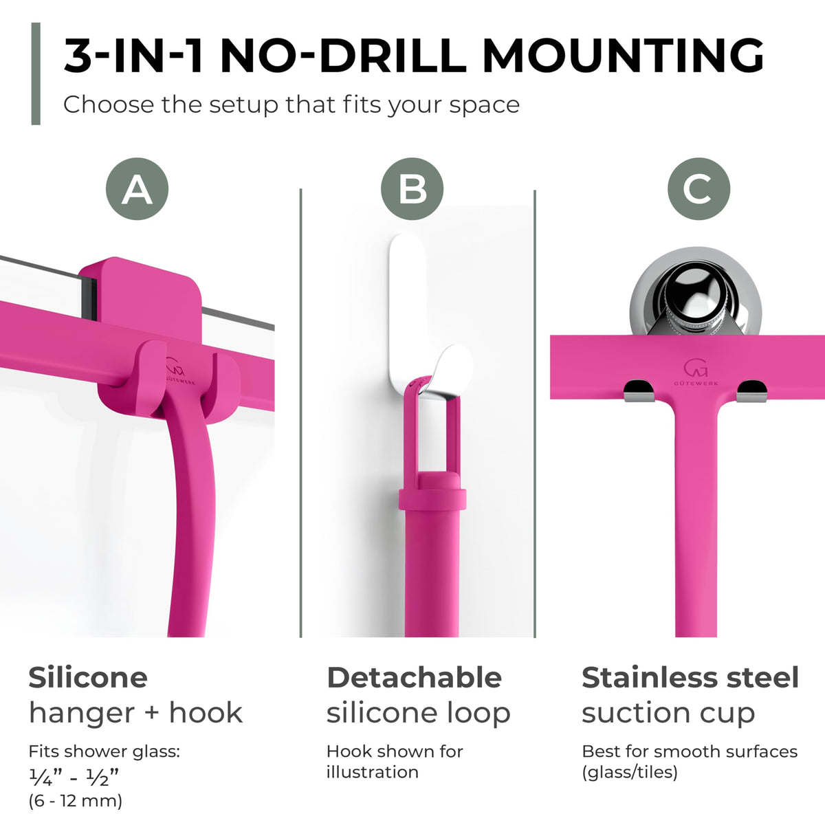 Silicone Shower Squeegee with 3 (Pink / 11 Inches)