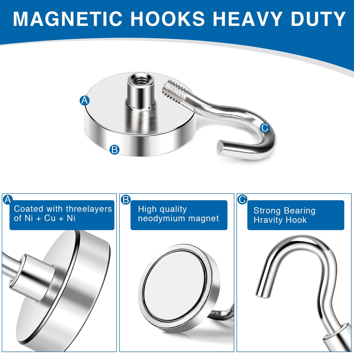Magnetic Hooks Magnet Hook for Cruise Cabins 50LBS Essentials 6P (Silver / 0.78in)
