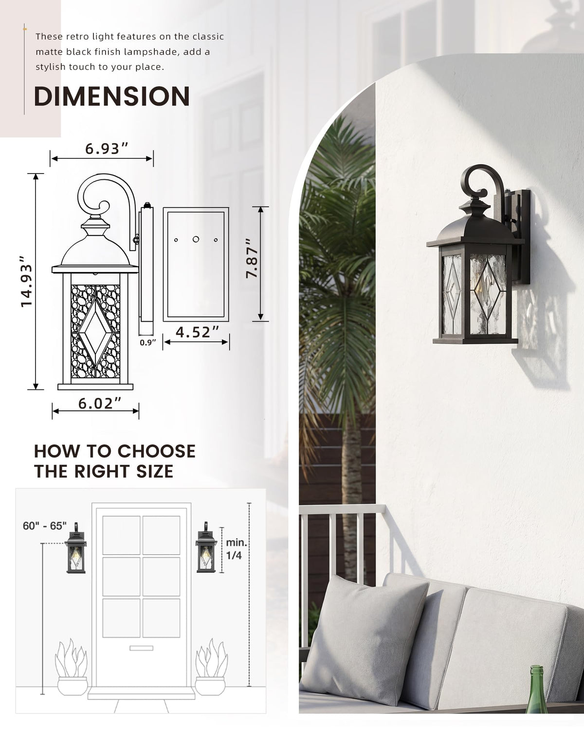 Dusk to Dawn Outdoor Front Porch Light (Matte Black, Lozenge Pattern / 15", Dusk to Dawn)