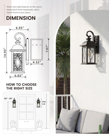 Dusk to Dawn Outdoor Front Porch Light (Matte Black, Lozenge Pattern / 15", Dusk to Dawn)