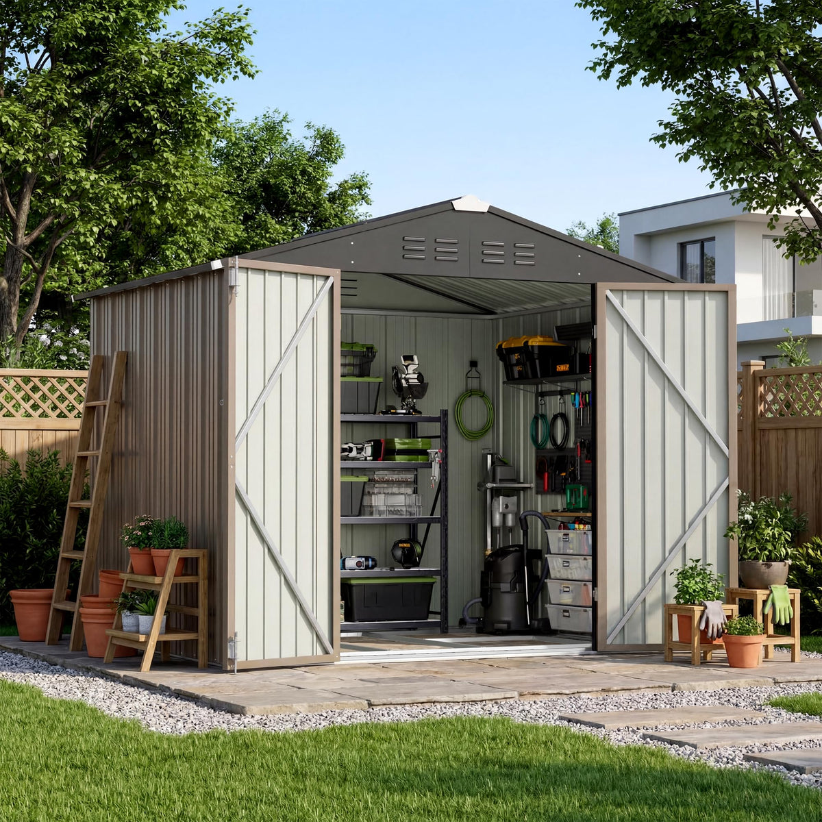 8x6 FT Outdoor Storage Shed with Floor Frame (Brown / 8x6 FT)
