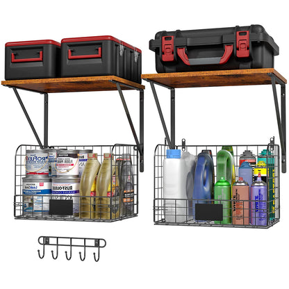 2 Pack Garage Shelves Wall Mounted with Wire Storage Baskets