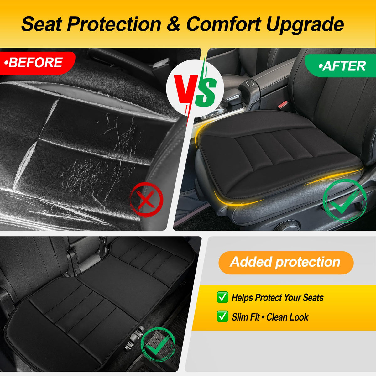 3 Piece Memory Foam Car Seat Cushion Set for Driving Comfort (Black / Full Set (2 Front + 1 Rear Bench))