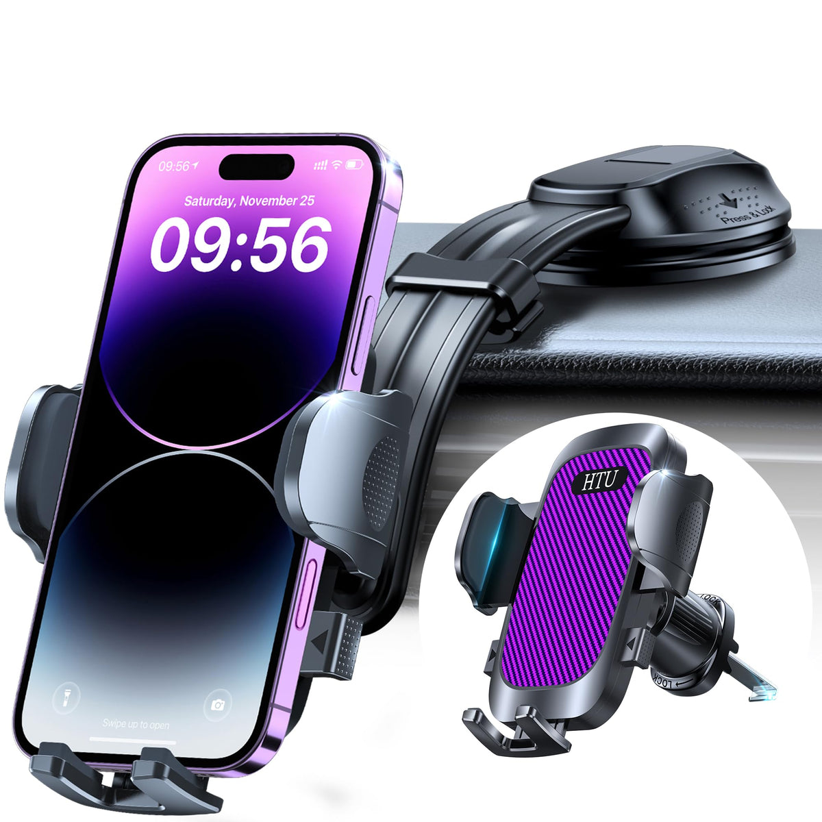 Upgraded Strongest Suction No Block View Bendable Arm Car Phone Holder (Blue Purple)